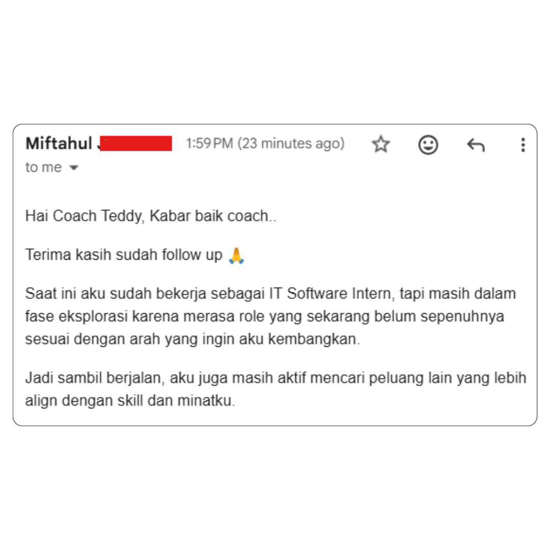 Bukti testimoni alumni Kelas Karir #10 — screenshot chat asli, tidak diedit