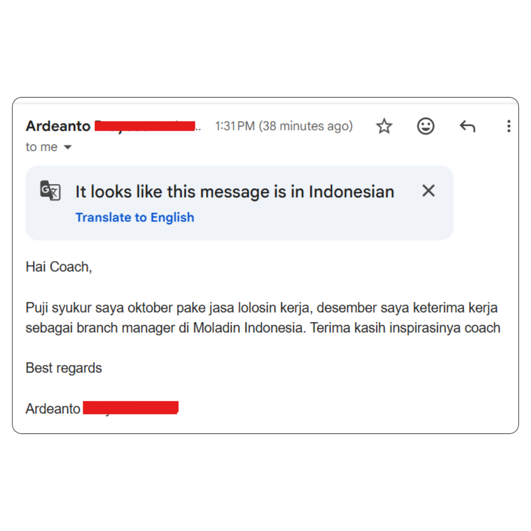 Bukti testimoni alumni Kelas Karir #11 — screenshot chat asli, tidak diedit