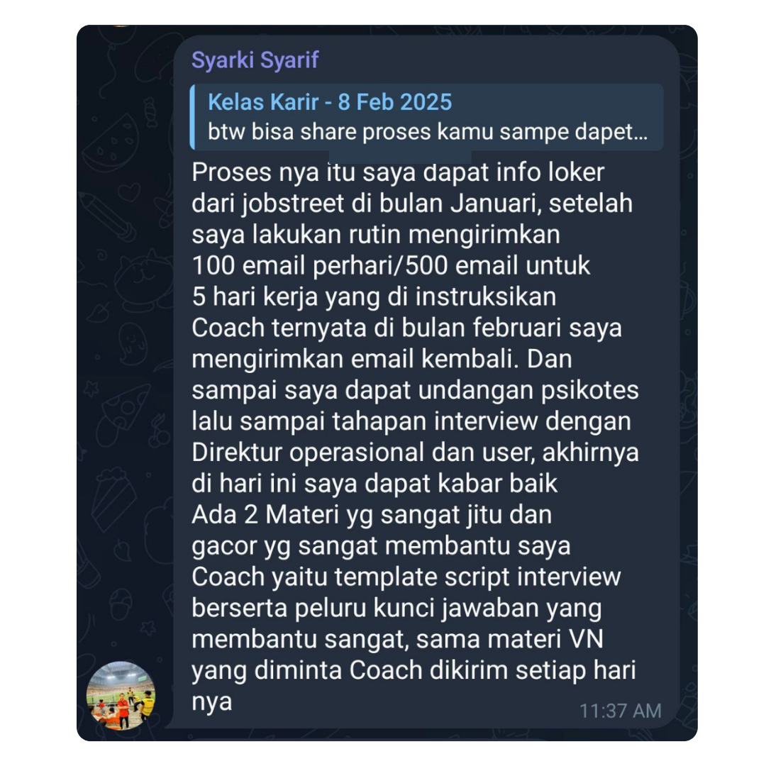 Bukti testimoni alumni Kelas Karir #12 — screenshot chat asli, tidak diedit