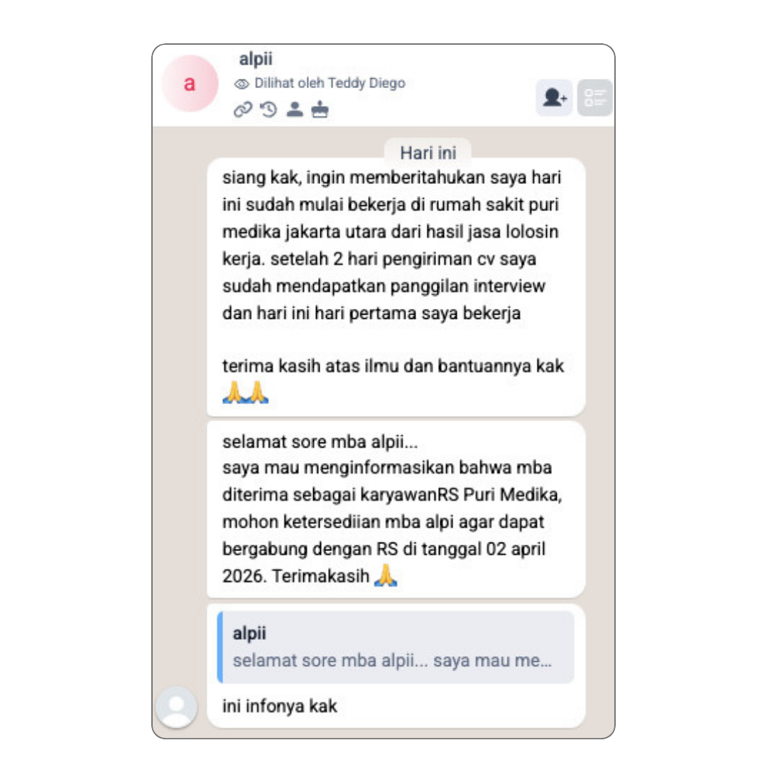 Bukti testimoni alumni Kelas Karir #13 — screenshot chat asli, tidak diedit