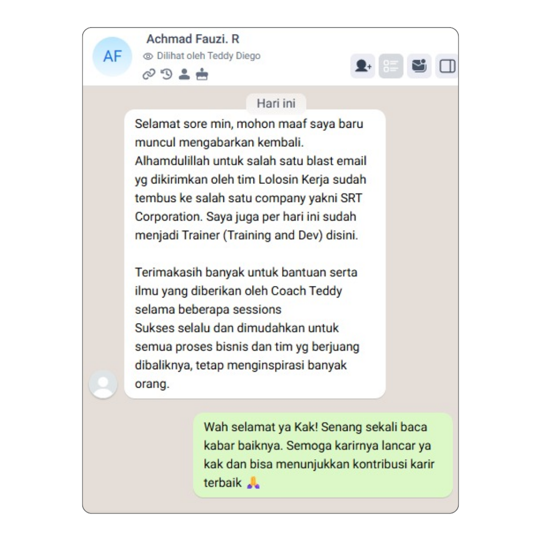 Bukti testimoni alumni Kelas Karir #2 — screenshot chat asli, tidak diedit