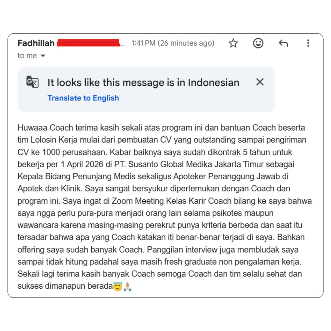 Bukti testimoni alumni Kelas Karir #3 — screenshot chat asli, tidak diedit