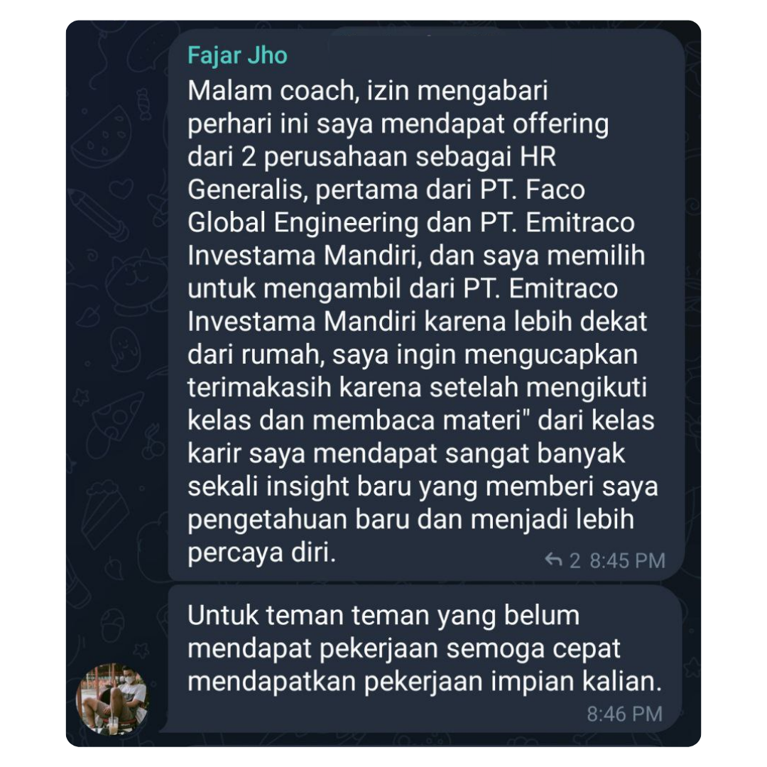 Bukti testimoni alumni Kelas Karir #4 — screenshot chat asli, tidak diedit