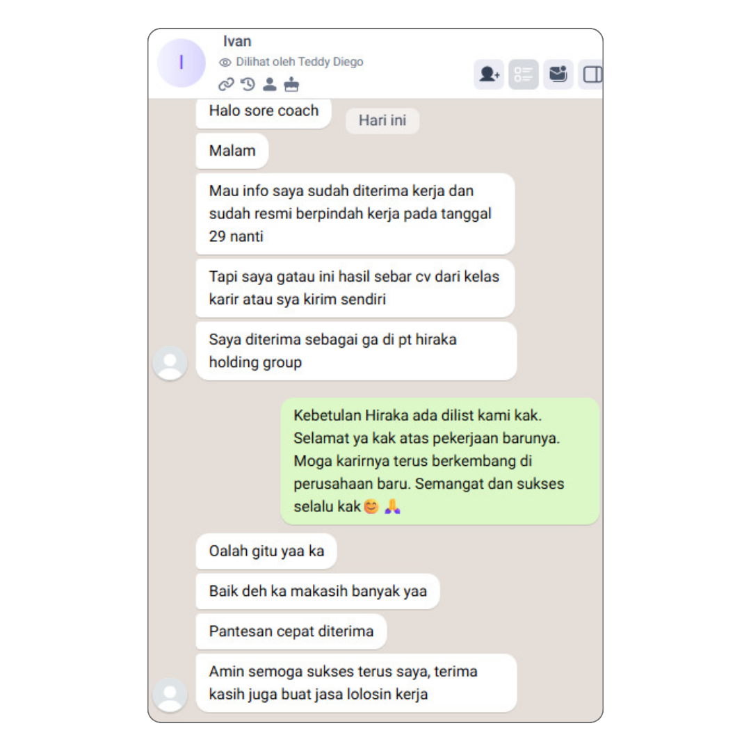 Bukti testimoni alumni Kelas Karir #5 — screenshot chat asli, tidak diedit