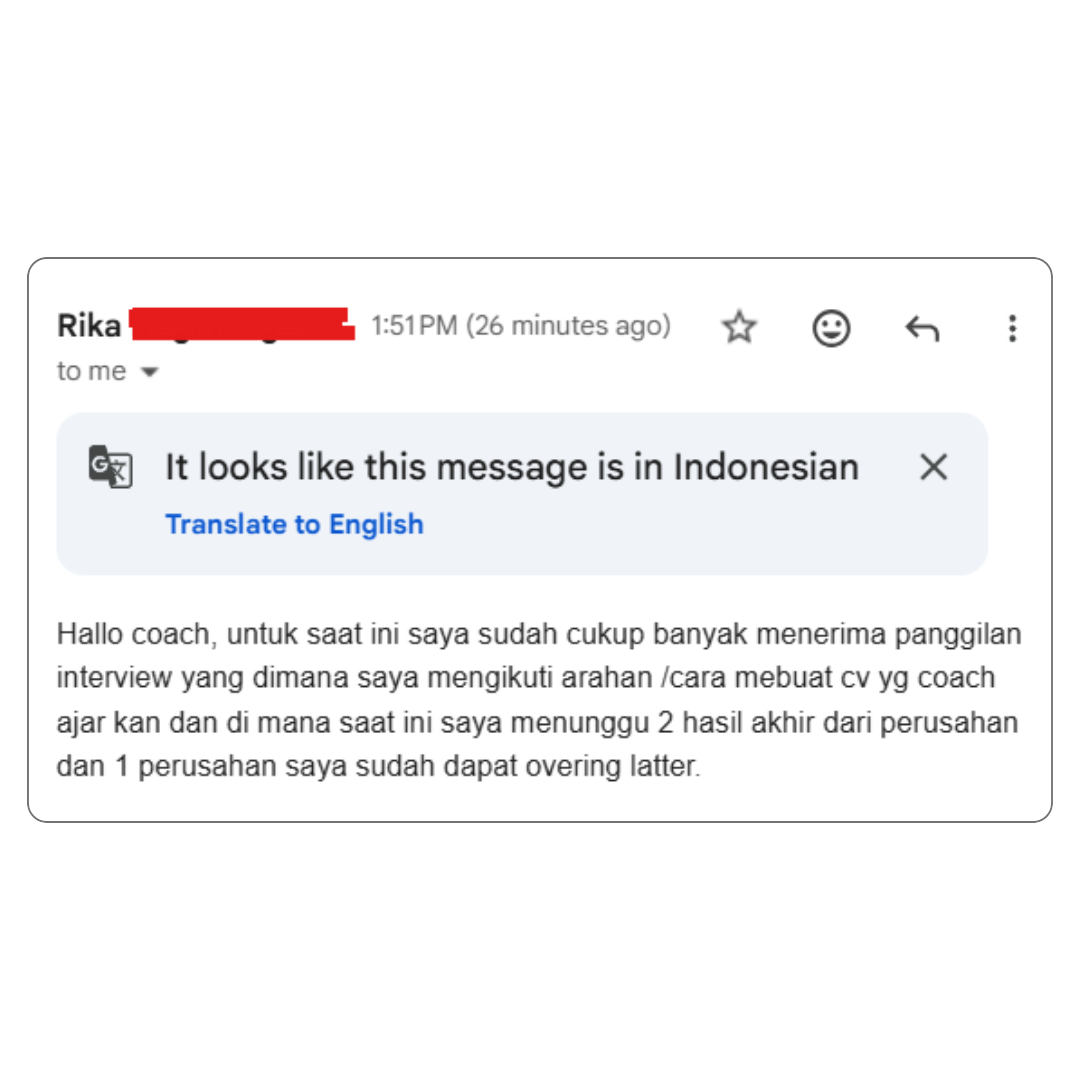Bukti testimoni alumni Kelas Karir #6 — screenshot chat asli, tidak diedit
