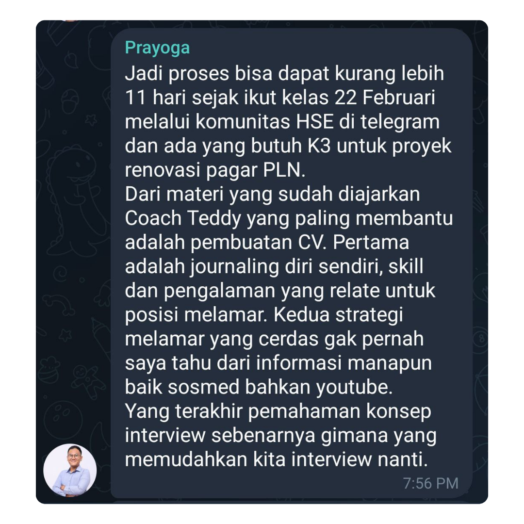 Bukti testimoni alumni Kelas Karir #7 — screenshot chat asli, tidak diedit
