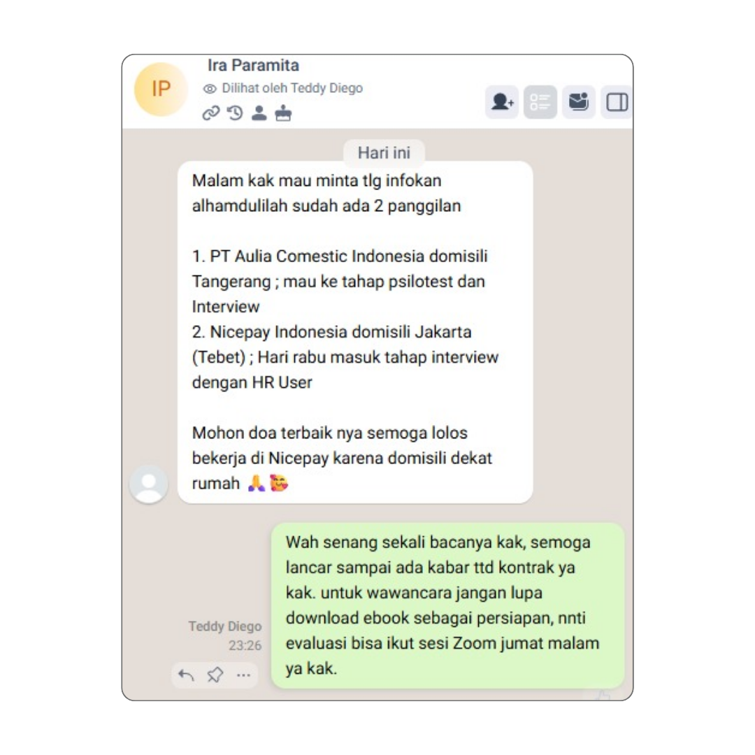 Bukti testimoni alumni Kelas Karir #8 — screenshot chat asli, tidak diedit