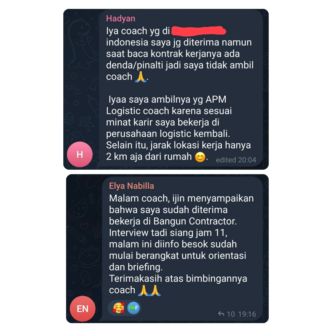 Bukti testimoni alumni Kelas Karir #9 — screenshot chat asli, tidak diedit